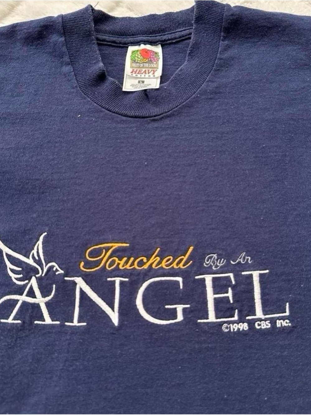 Vintage 90s Fruit of the Loom Navy 'Touched By An Angel' TV Graphic Tee L